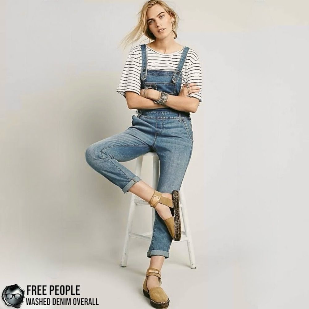 FREE PEOPLE WASHED DENIM OVERALLS IN DISTRESSED INDIGO WOMEN’S SIZE 30 SKINNY